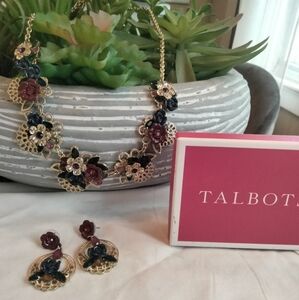 Talbots Floral Themed Multicolored Gem Stones Necklace/Earring Set W/ Gold Chain